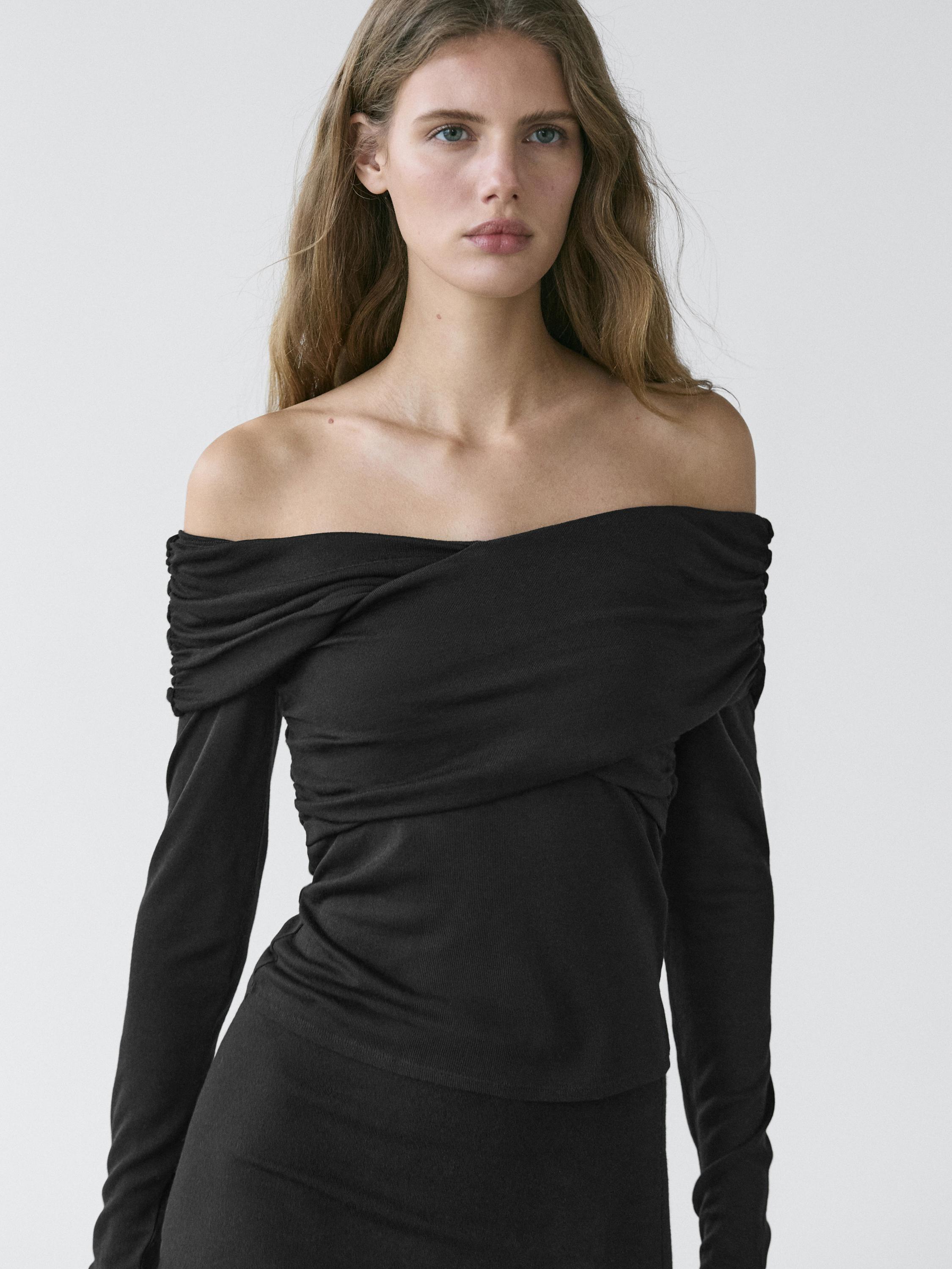 Off-the-shoulder lyocell and wool blend top